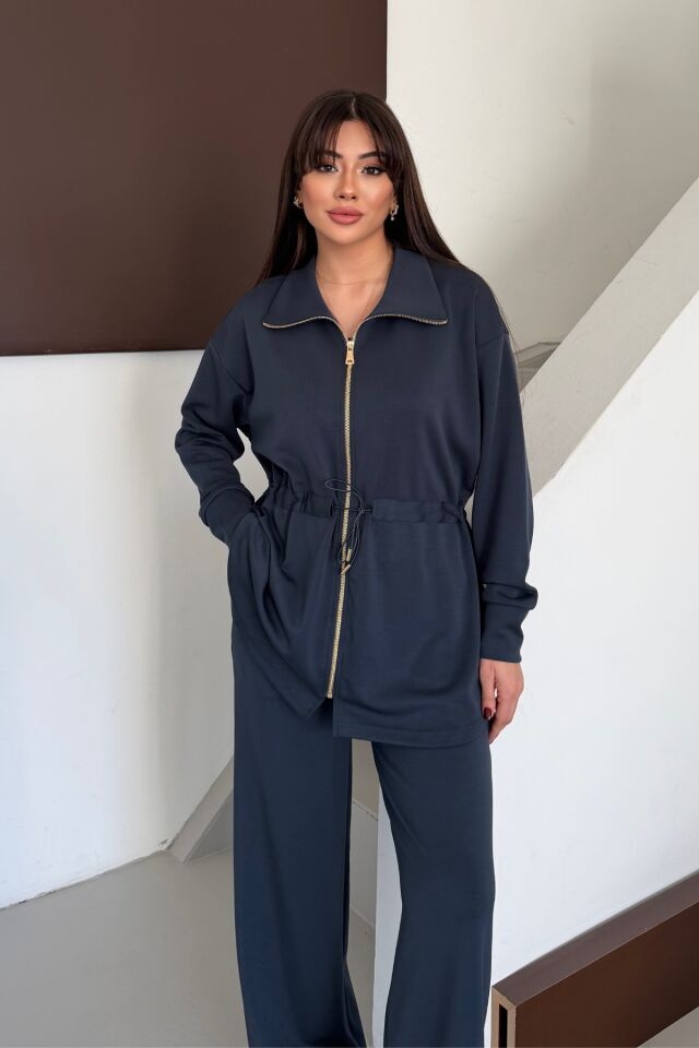 Balenbi Oversize Fermuarlı Beli Bağcıklı Polo Yaka Modal Kadın Takım 1196 - Form Serisi XL - Füme