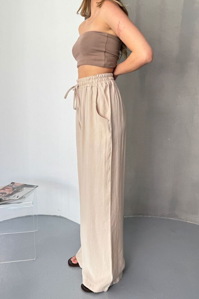 Feela Moda Kadın Modal Dokuma Beli Lastikli Palazzo Pantolon 2016 Bej - 38