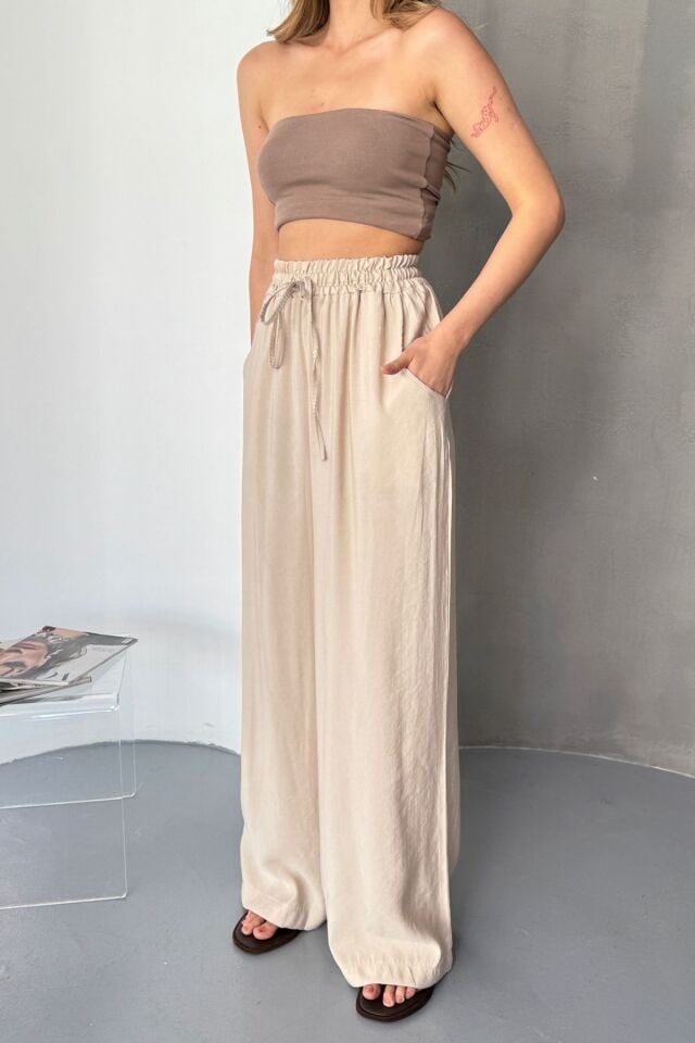 Feela Moda Kadın Modal Dokuma Beli Lastikli Palazzo Pantolon 2016 38 - Bej