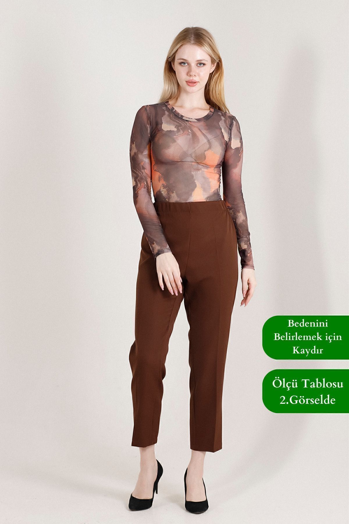 Balenbi Havuç Paça Yüksek Bel Likralı Dokuma Kadın Pantolon 1005 36 - Kahve