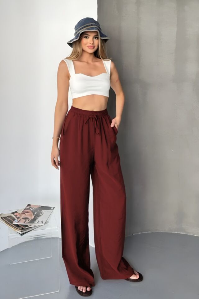 Feela Moda Kadın Modal Dokuma Beli Lastikli Palazzo Pantolon 2016 38 - Bordo