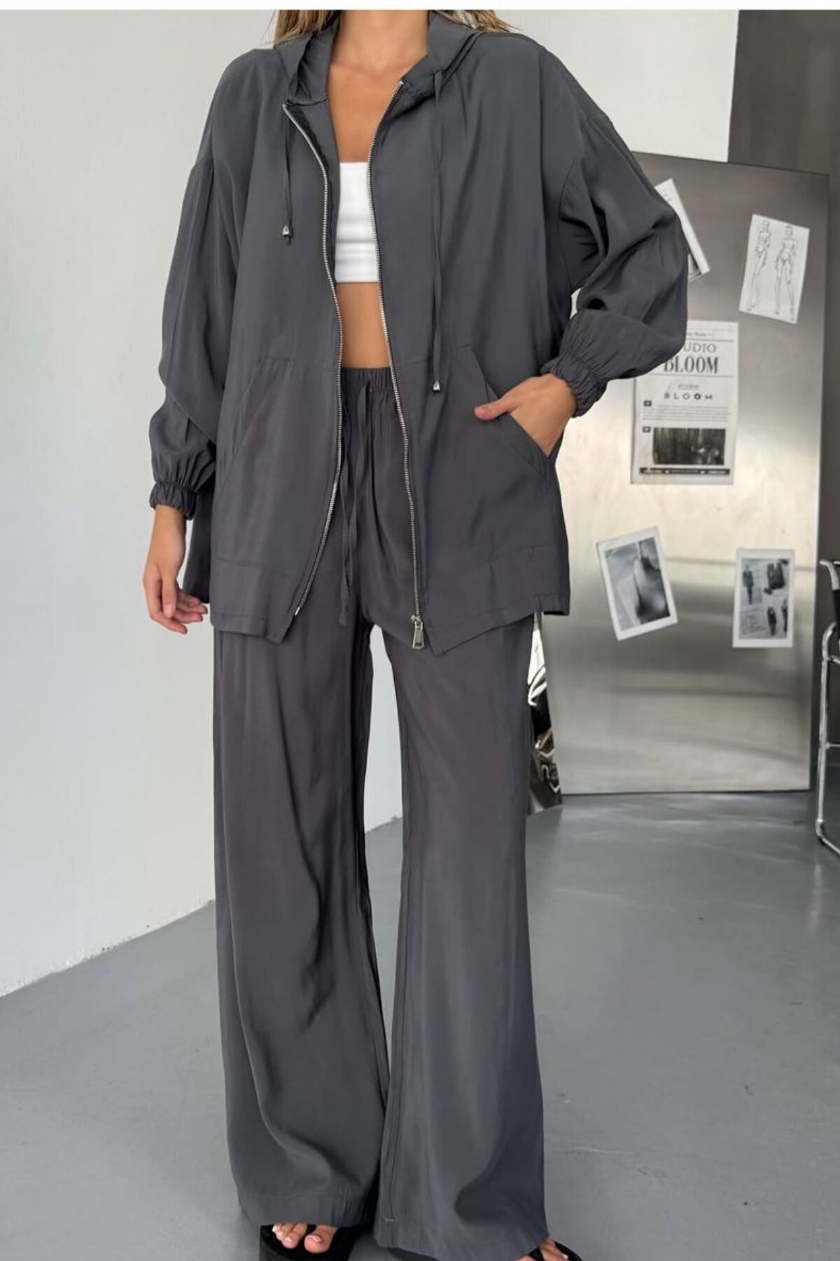 Feela Moda Kadın Kapüşonlu Modal Dokuma Oversize Takım 2013 36 - Antrasit