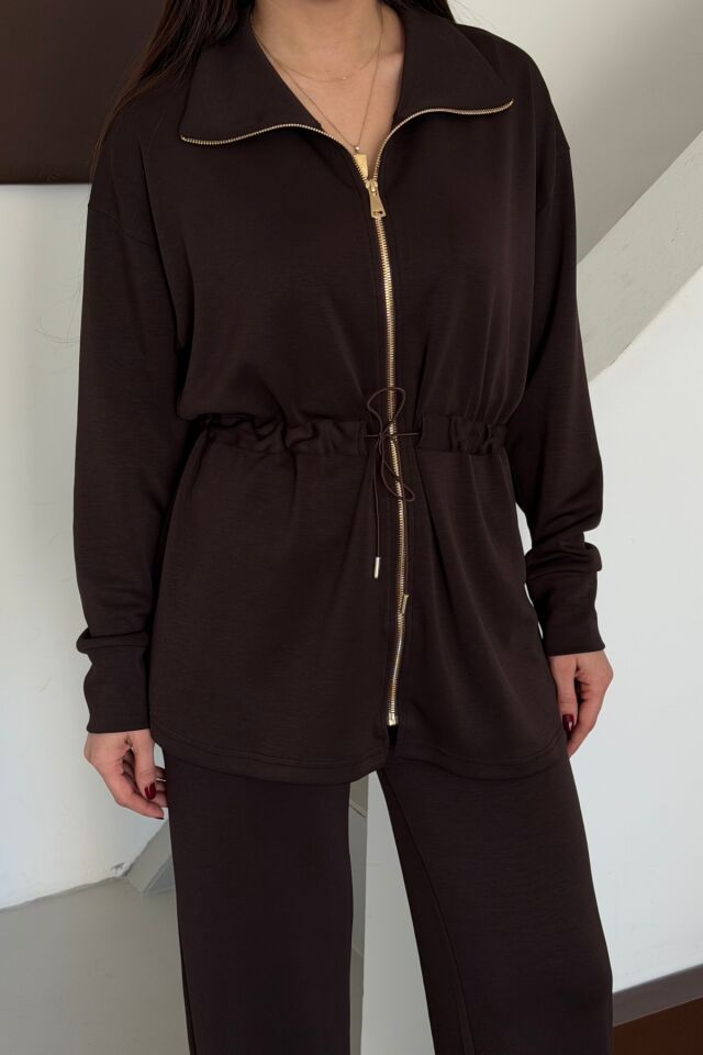 Balenbi Oversize Fermuarlı Beli Bağcıklı Polo Yaka Modal Kadın Takım 1196 - Form Serisi XL - Kahverengi