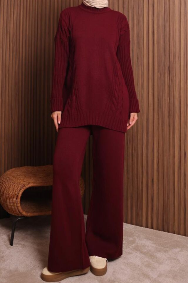 Balenbi Kadın Oversize Örgü Desenli Pantolonlu Tesettür Triko Takım 1134 Bordo - Standart