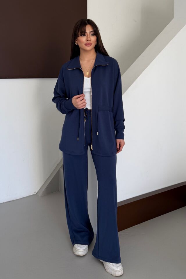 Balenbi Oversize Fermuarlı Beli Bağcıklı Polo Yaka Modal Kadın Takım 1196 - Form Serisi XL - Lacivert