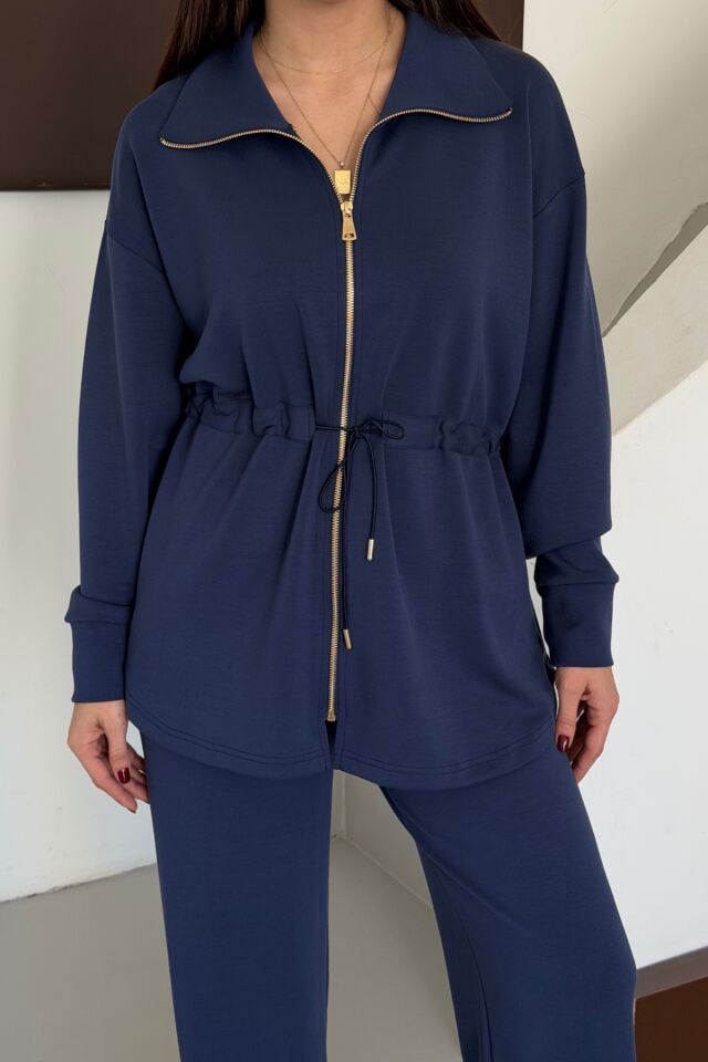 Balenbi Oversize Fermuarlı Beli Bağcıklı Polo Yaka Modal Kadın Takım 1196 - Form Serisi XL - Lacivert