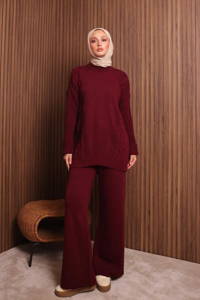 Balenbi Kadın Oversize Örgü Desenli Pantolonlu Tesettür Triko Takım 1134 Bordo - Standart