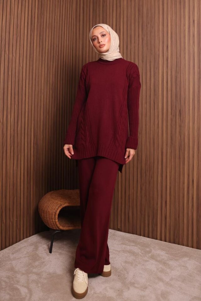 Balenbi Kadın Oversize Örgü Desenli Pantolonlu Tesettür Triko Takım 1134 Standart - Bordo