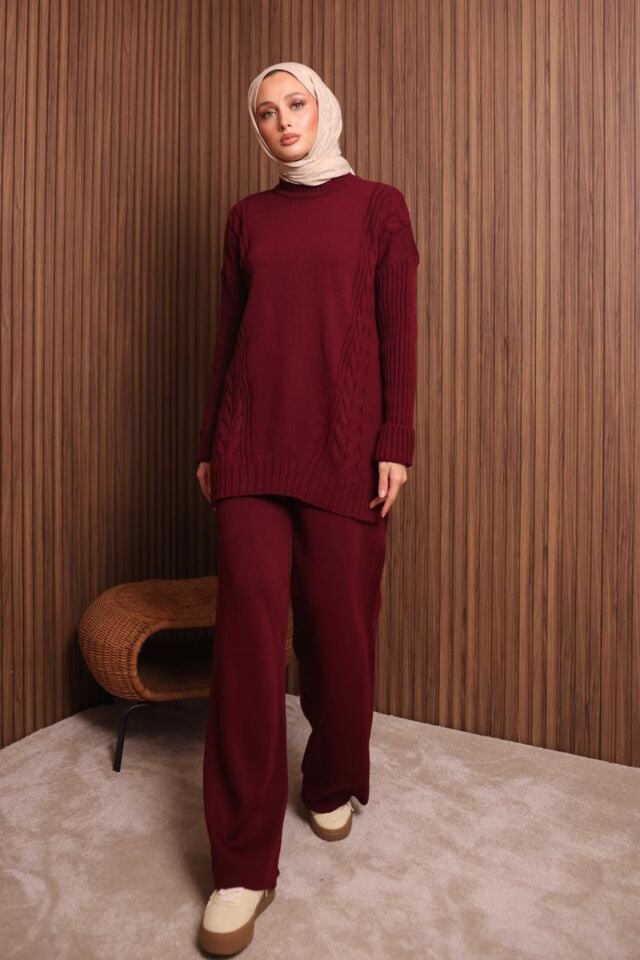 Balenbi Kadın Oversize Örgü Desenli Pantolonlu Tesettür Triko Takım 1134 Standart - Bordo