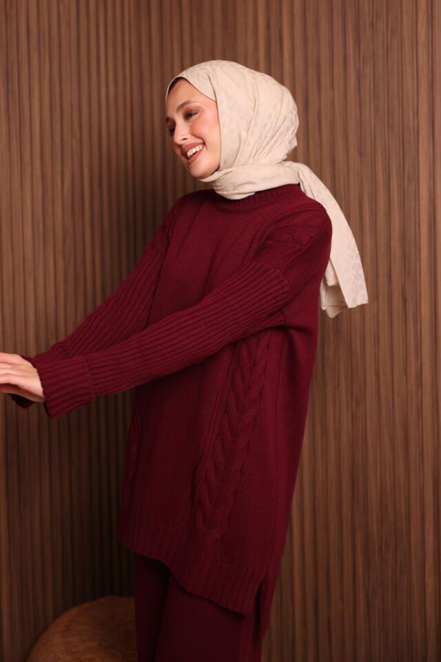 Balenbi Kadın Oversize Örgü Desenli Pantolonlu Tesettür Triko Takım 1134 Standart - Bordo