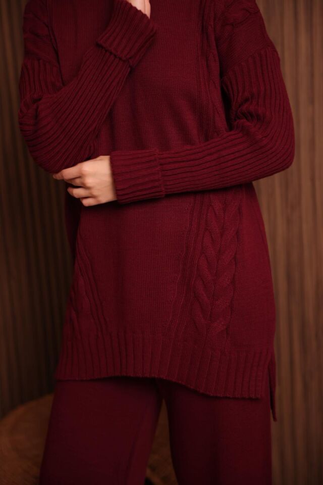 Balenbi Kadın Oversize Örgü Desenli Pantolonlu Tesettür Triko Takım 1134 Standart - Bordo