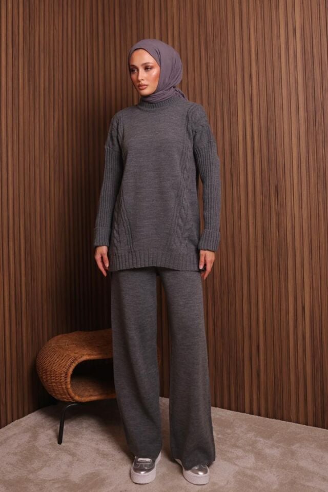 Balenbi Kadın Oversize Örgü Desenli Pantolonlu Tesettür Triko Takım 1134 Füme - Standart