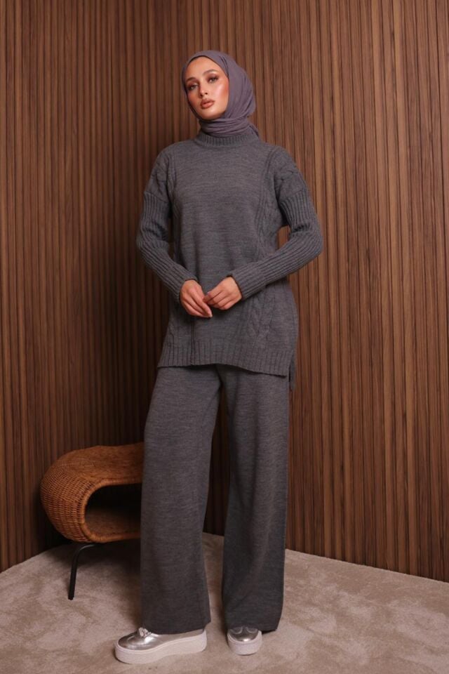 Balenbi Kadın Oversize Örgü Desenli Pantolonlu Tesettür Triko Takım 1134 Standart - Füme