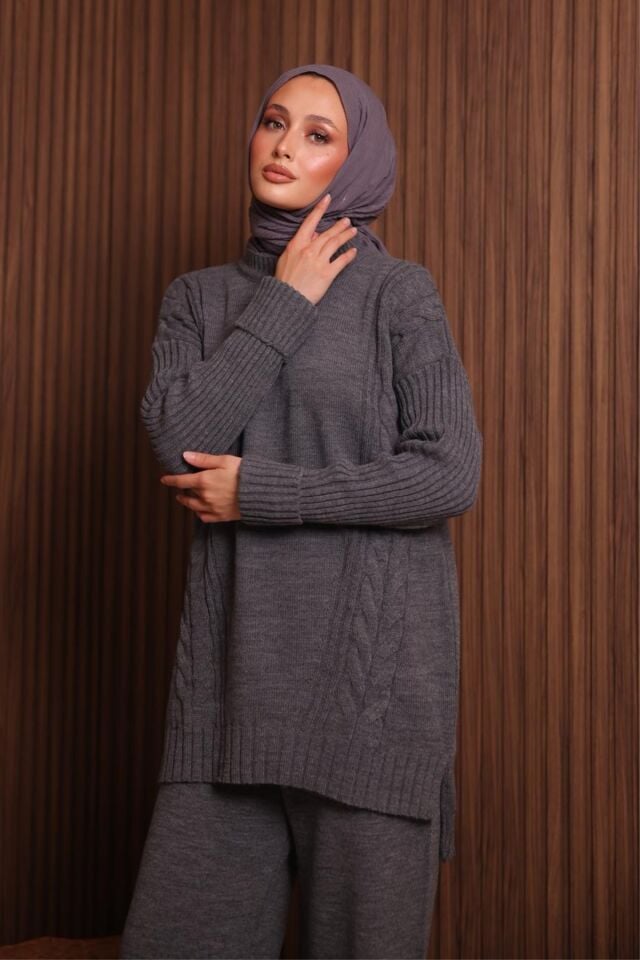 Balenbi Kadın Oversize Örgü Desenli Pantolonlu Tesettür Triko Takım 1134 Standart - Füme