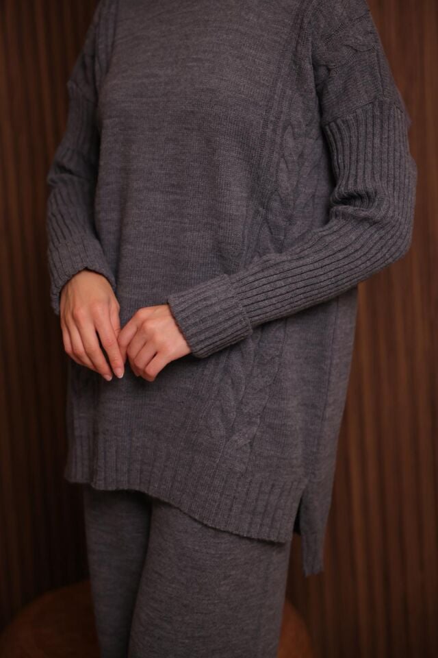 Balenbi Kadın Oversize Örgü Desenli Pantolonlu Tesettür Triko Takım 1134 Standart - Füme