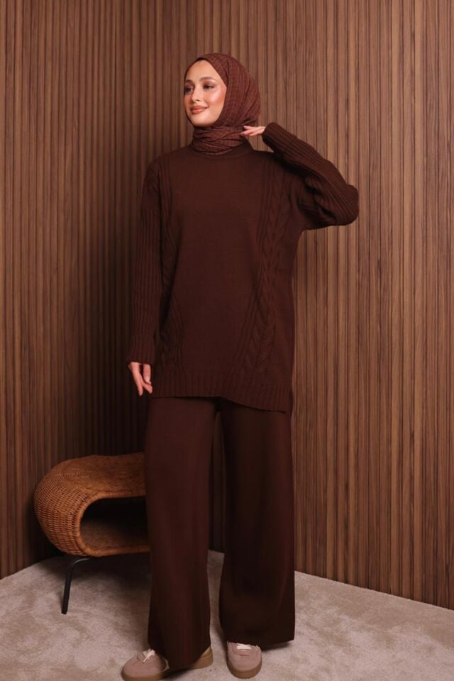 Balenbi Kadın Oversize Örgü Desenli Pantolonlu Tesettür Triko Takım 1134 Kahverengi - Standart