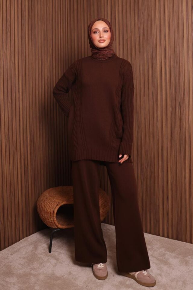 Balenbi Kadın Oversize Örgü Desenli Pantolonlu Tesettür Triko Takım 1134 Standart - Kahverengi