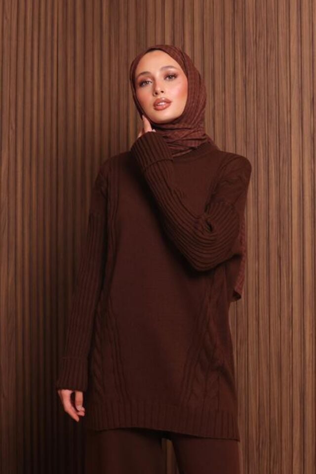 Balenbi Kadın Oversize Örgü Desenli Pantolonlu Tesettür Triko Takım 1134 Standart - Kahverengi