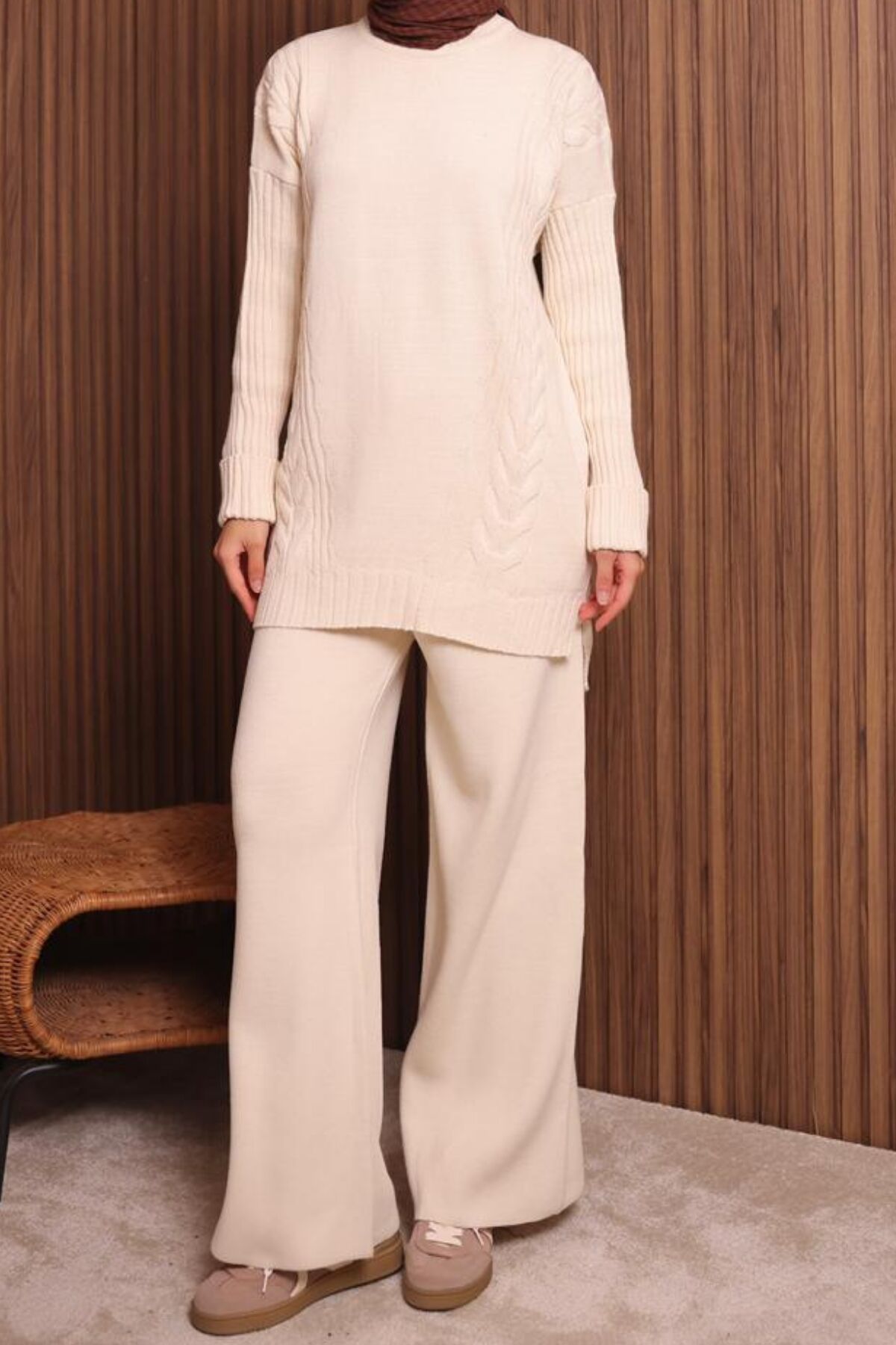 Balenbi Kadın Oversize Örgü Desenli Pantolonlu Tesettür Triko Takım 1134 Standart - Krem