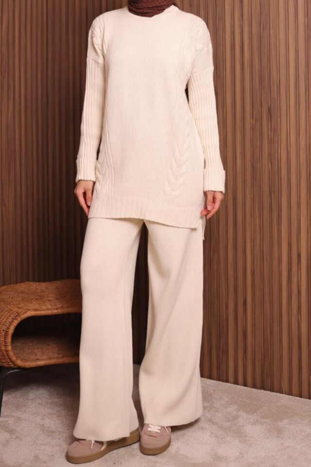 Balenbi Kadın Oversize Örgü Desenli Pantolonlu Tesettür Triko Takım 1134 Krem - Standart