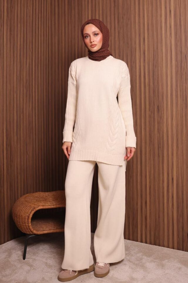 Balenbi Kadın Oversize Örgü Desenli Pantolonlu Tesettür Triko Takım 1134 Krem - Standart
