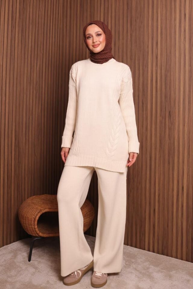 Balenbi Kadın Oversize Örgü Desenli Pantolonlu Tesettür Triko Takım 1134 Standart - Krem