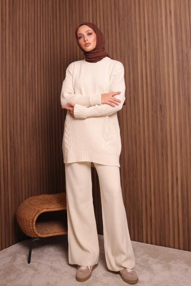 Balenbi Kadın Oversize Örgü Desenli Pantolonlu Tesettür Triko Takım 1134 Standart - Krem
