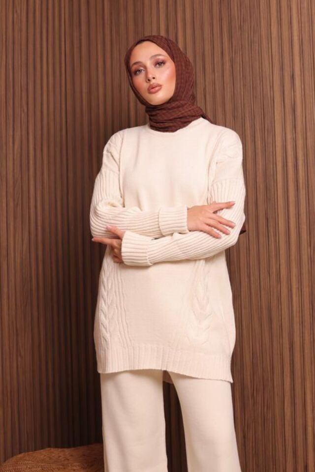 Balenbi Kadın Oversize Örgü Desenli Pantolonlu Tesettür Triko Takım 1134 Standart - Krem