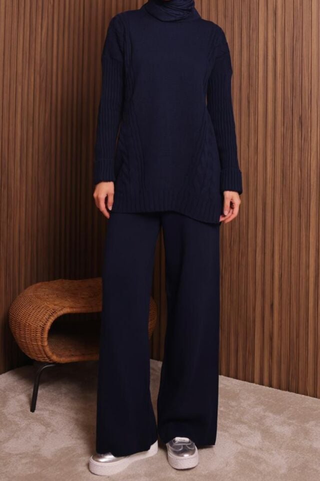 Balenbi Kadın Oversize Örgü Desenli Pantolonlu Tesettür Triko Takım 1134 Lacivert - Standart