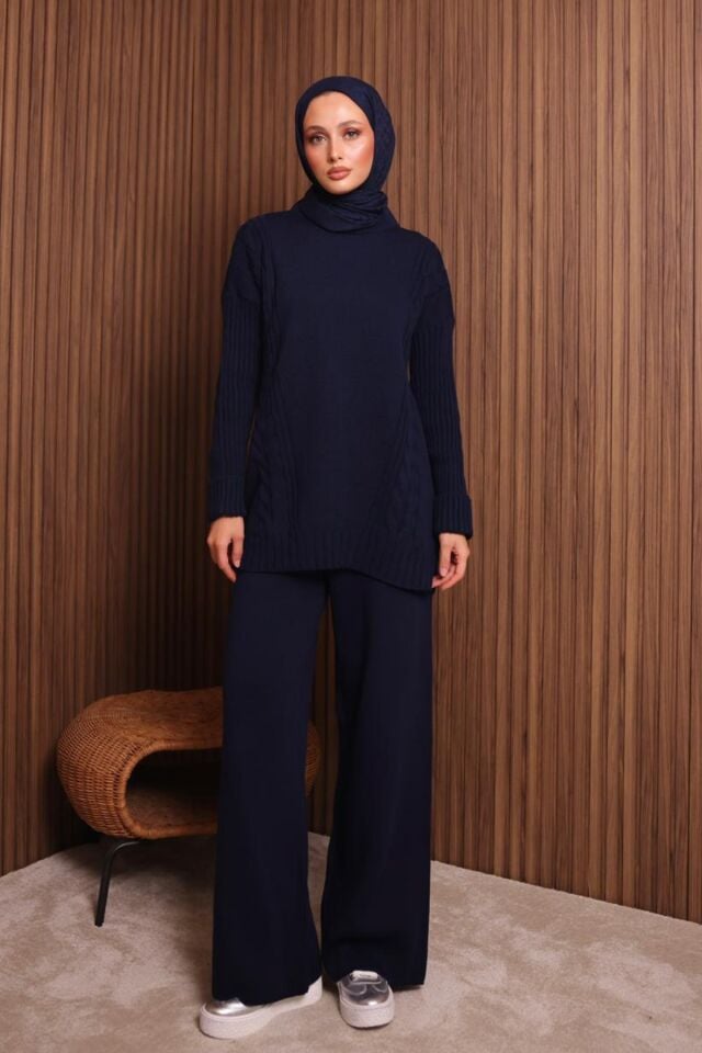 Balenbi Kadın Oversize Örgü Desenli Pantolonlu Tesettür Triko Takım 1134 Lacivert - Standart