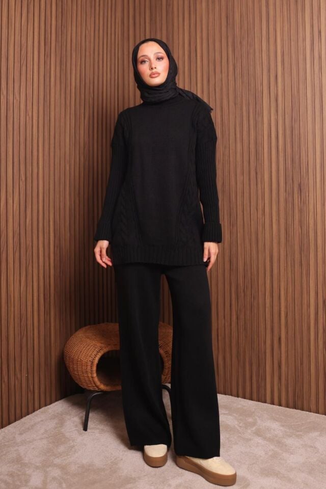 Balenbi Kadın Oversize Örgü Desenli Pantolonlu Tesettür Triko Takım 1134 Siyah - Standart