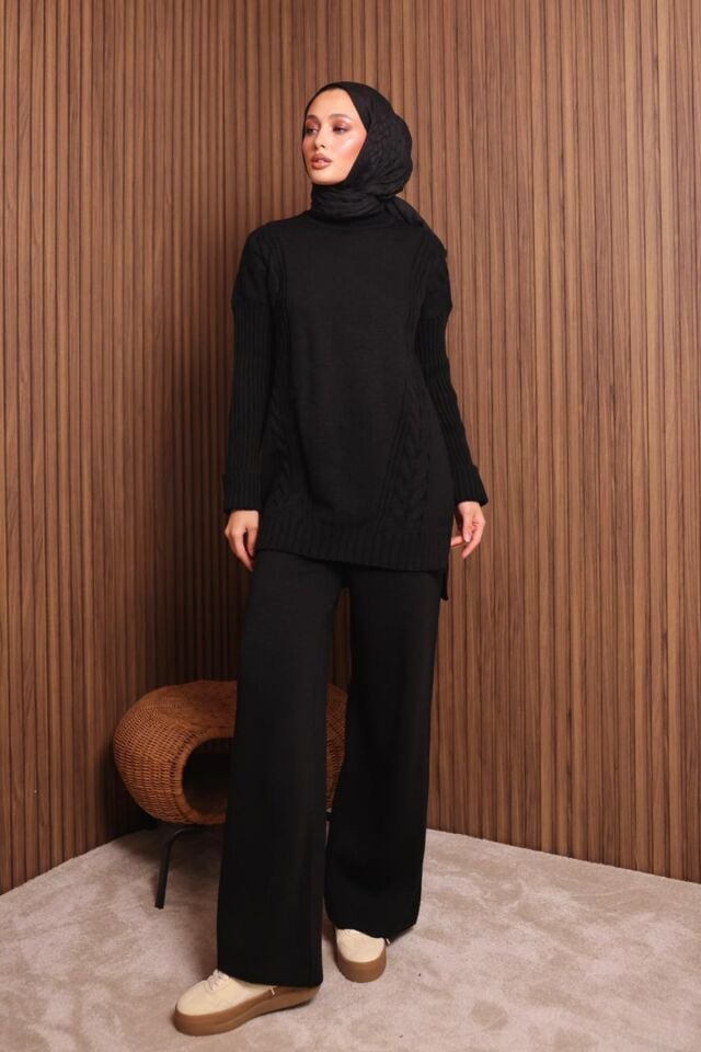 Balenbi Kadın Oversize Örgü Desenli Pantolonlu Tesettür Triko Takım 1134 Standart - Siyah