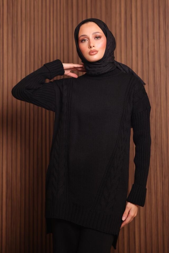 Balenbi Kadın Oversize Örgü Desenli Pantolonlu Tesettür Triko Takım 1134 Standart - Siyah