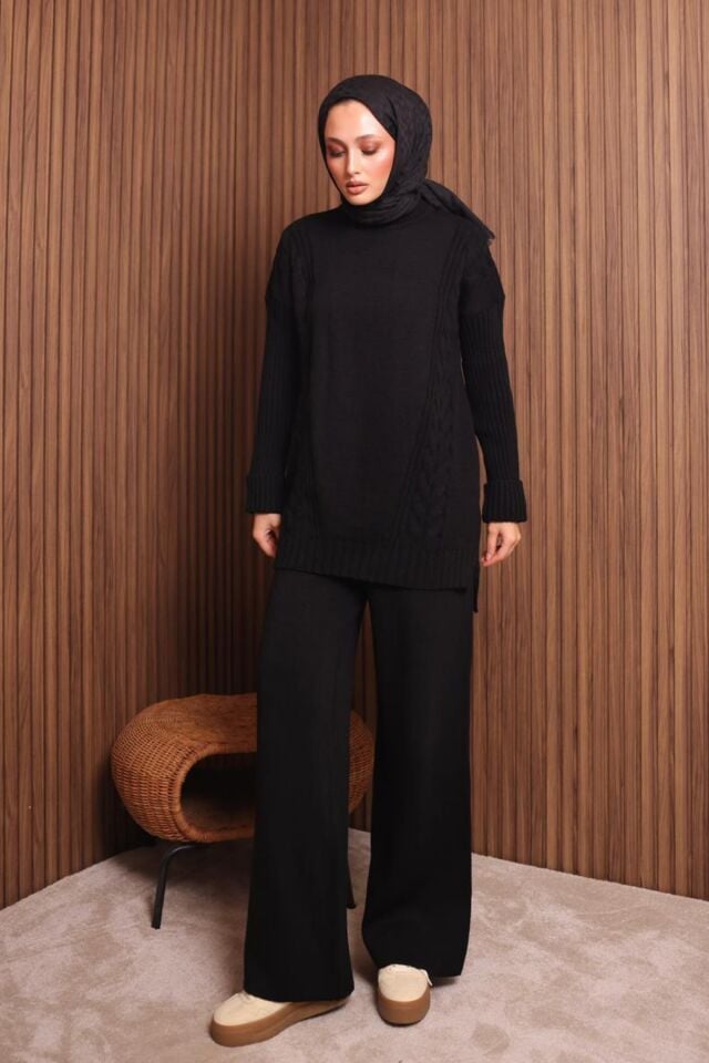 Balenbi Kadın Oversize Örgü Desenli Pantolonlu Tesettür Triko Takım 1134 Standart - Siyah