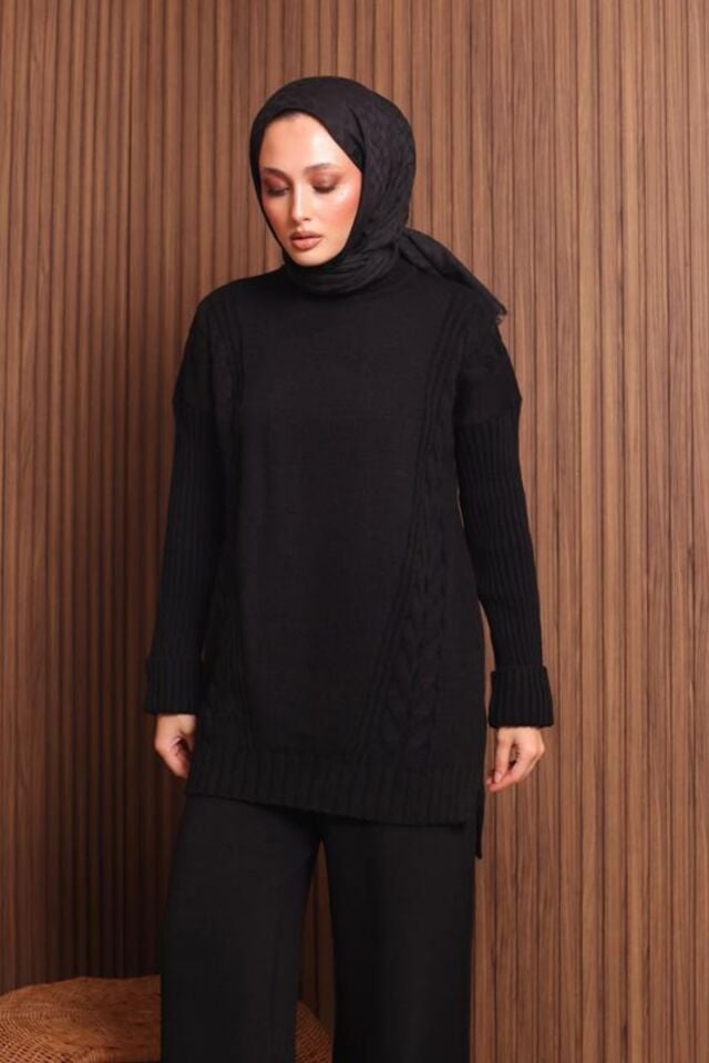 Balenbi Kadın Oversize Örgü Desenli Pantolonlu Tesettür Triko Takım 1134 Standart - Siyah