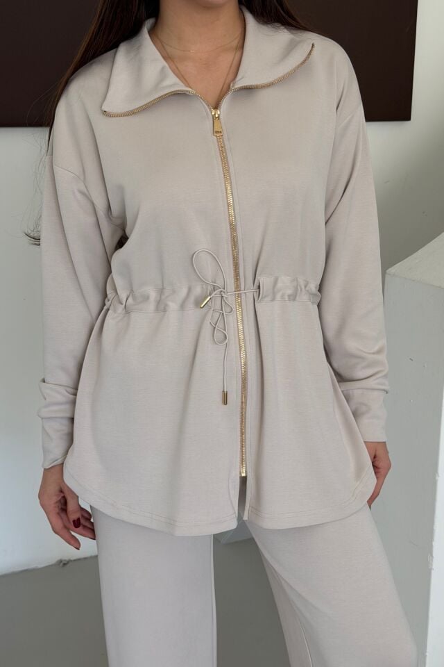 Balenbi Oversize Fermuarlı Beli Bağcıklı Polo Yaka Modal Kadın Takım 1196 - Form Serisi 2XL - Taş