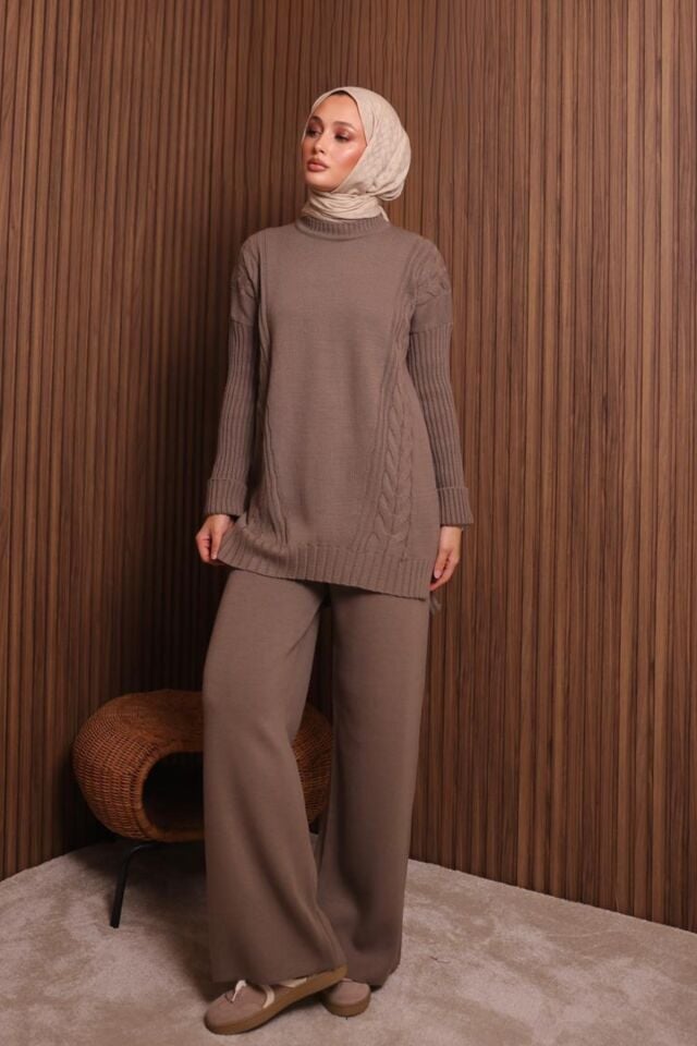Balenbi Kadın Oversize Örgü Desenli Pantolonlu Tesettür Triko Takım 1134 Toprak - Standart