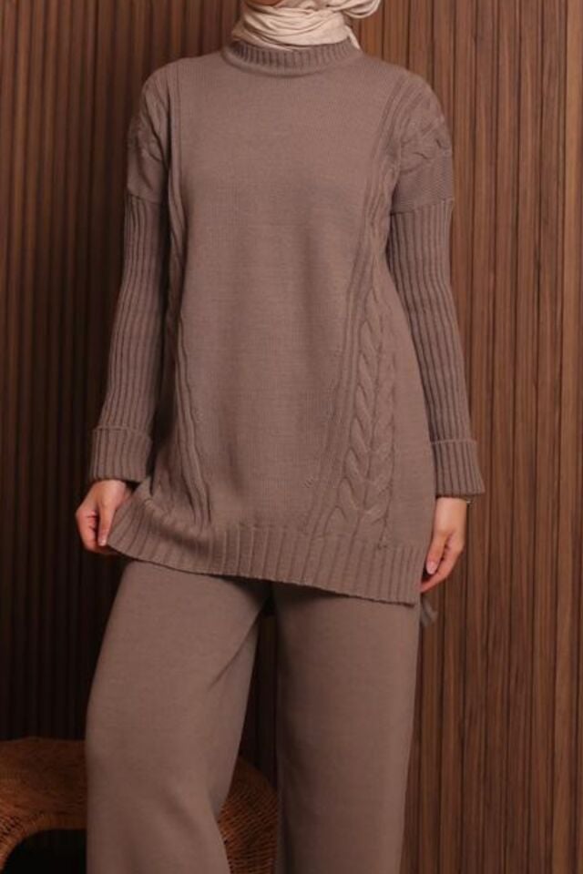 Balenbi Kadın Oversize Örgü Desenli Pantolonlu Tesettür Triko Takım 1134 Standart - Toprak