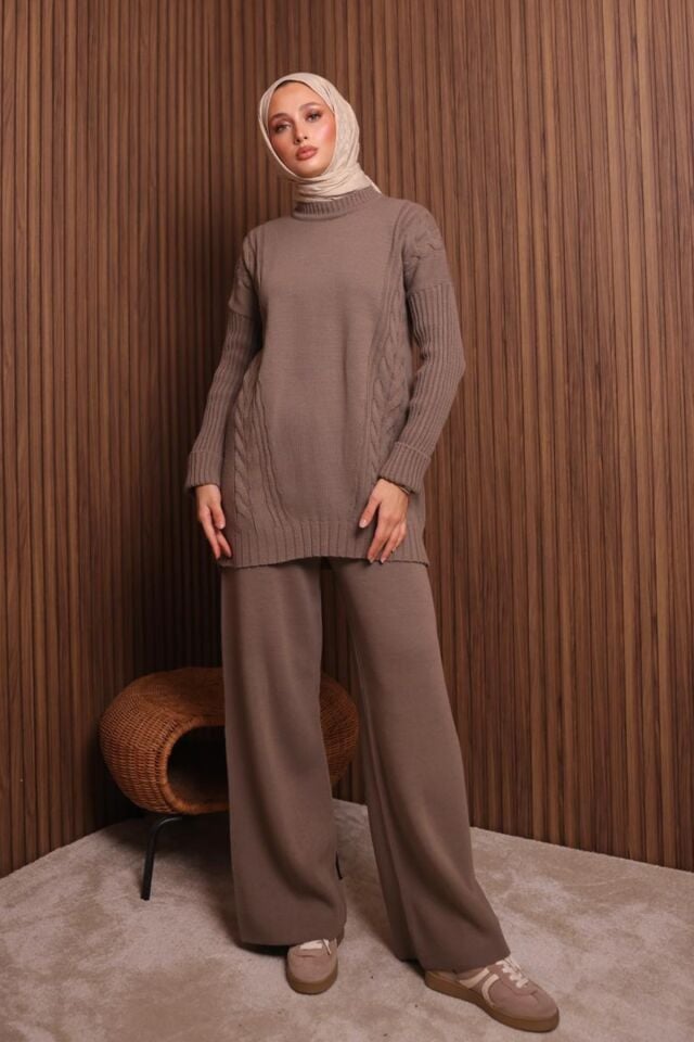 Balenbi Kadın Oversize Örgü Desenli Pantolonlu Tesettür Triko Takım 1134 Standart - Toprak