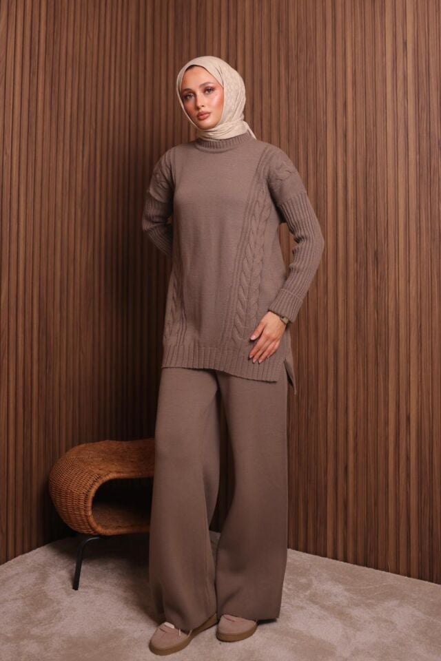 Balenbi Kadın Oversize Örgü Desenli Pantolonlu Tesettür Triko Takım 1134 Standart - Toprak