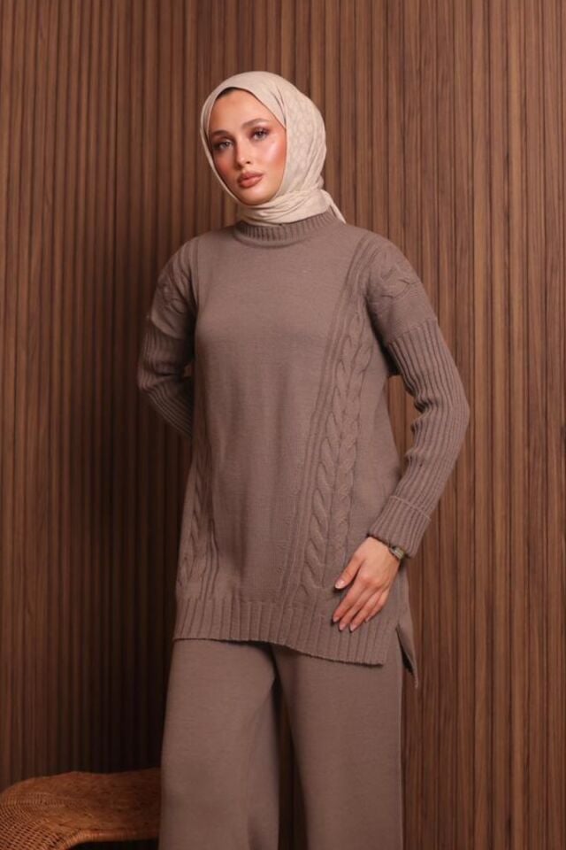 Balenbi Kadın Oversize Örgü Desenli Pantolonlu Tesettür Triko Takım 1134 Standart - Toprak