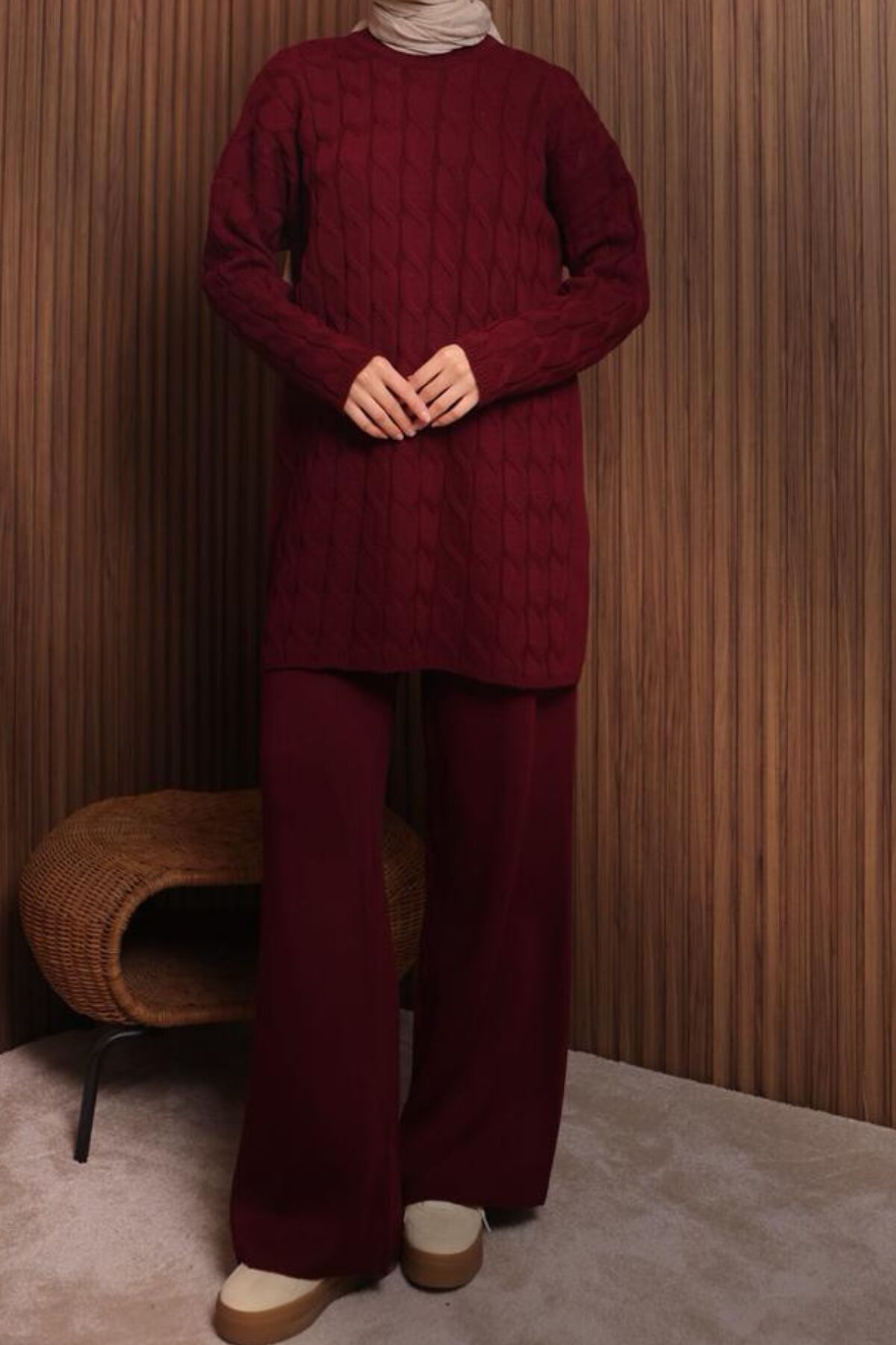 Balenbi Kadın Oversize Saç Örgü Desen Pantolonlu Tesettür Triko Takım 1135 Standart - Bordo