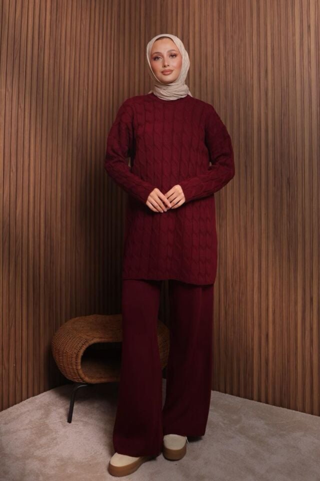 Balenbi Kadın Oversize Saç Örgü Desen Pantolonlu Tesettür Triko Takım 1135 Bordo - Standart