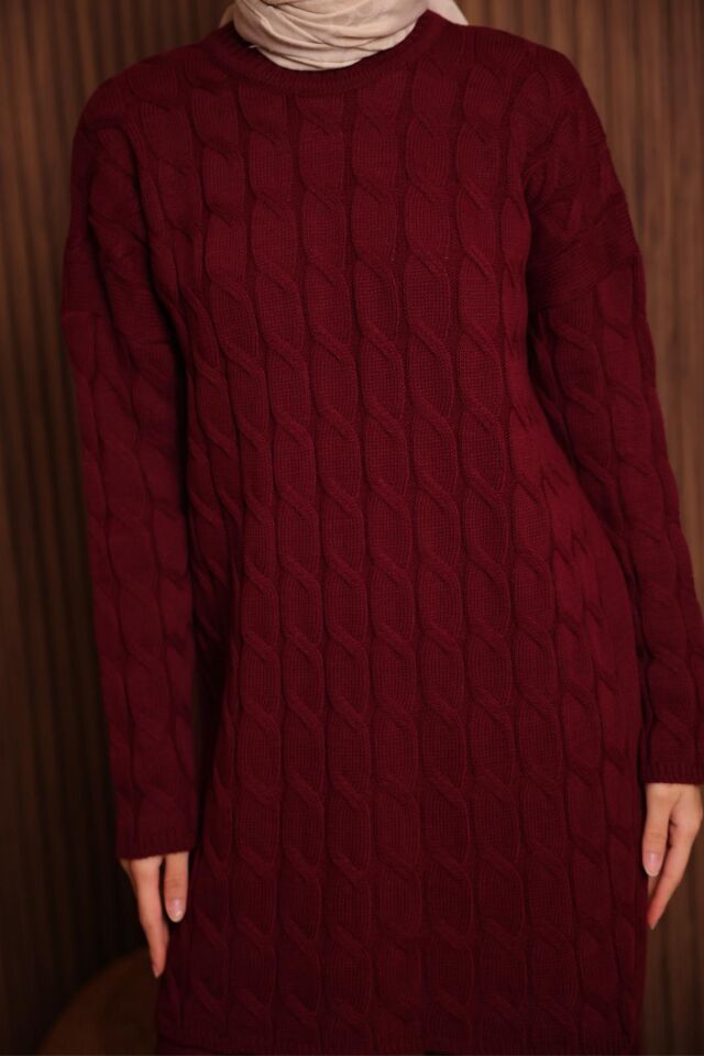 Balenbi Kadın Oversize Saç Örgü Desen Pantolonlu Tesettür Triko Takım 1135 Standart - Bordo