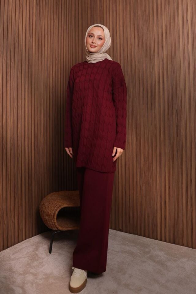 Balenbi Kadın Oversize Saç Örgü Desen Pantolonlu Tesettür Triko Takım 1135 Standart - Bordo