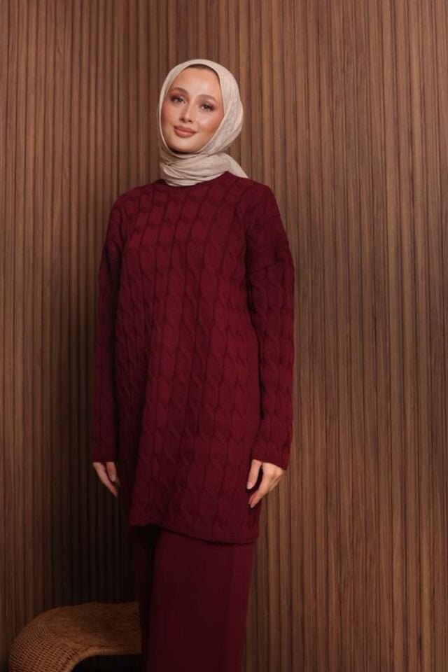 Balenbi Kadın Oversize Saç Örgü Desen Pantolonlu Tesettür Triko Takım 1135 Standart - Bordo