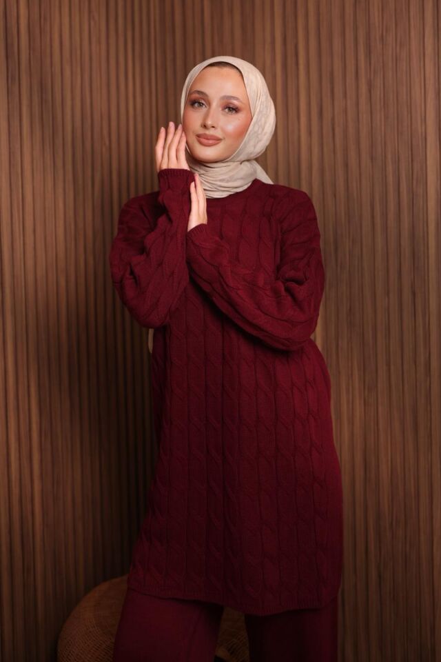 Balenbi Kadın Oversize Saç Örgü Desen Pantolonlu Tesettür Triko Takım 1135 Standart - Bordo