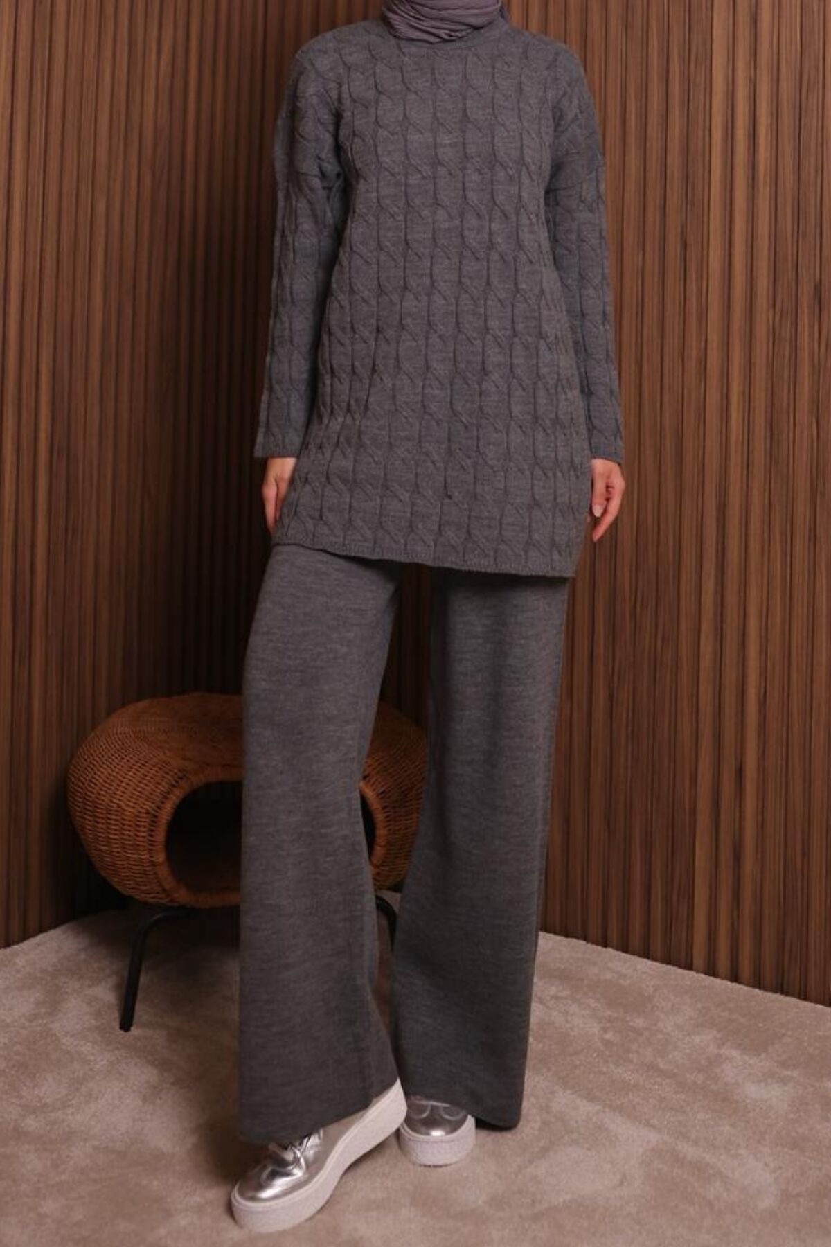 Balenbi Kadın Oversize Saç Örgü Desen Pantolonlu Tesettür Triko Takım 1135 Standart - Füme