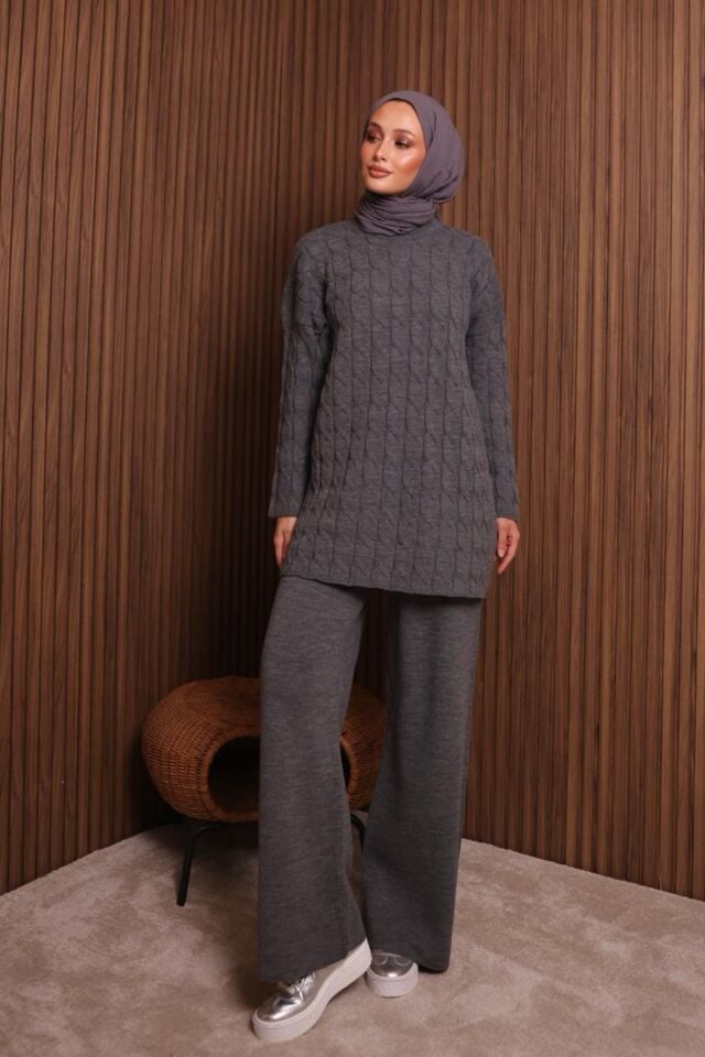 Balenbi Kadın Oversize Saç Örgü Desen Pantolonlu Tesettür Triko Takım 1135 Füme - Standart