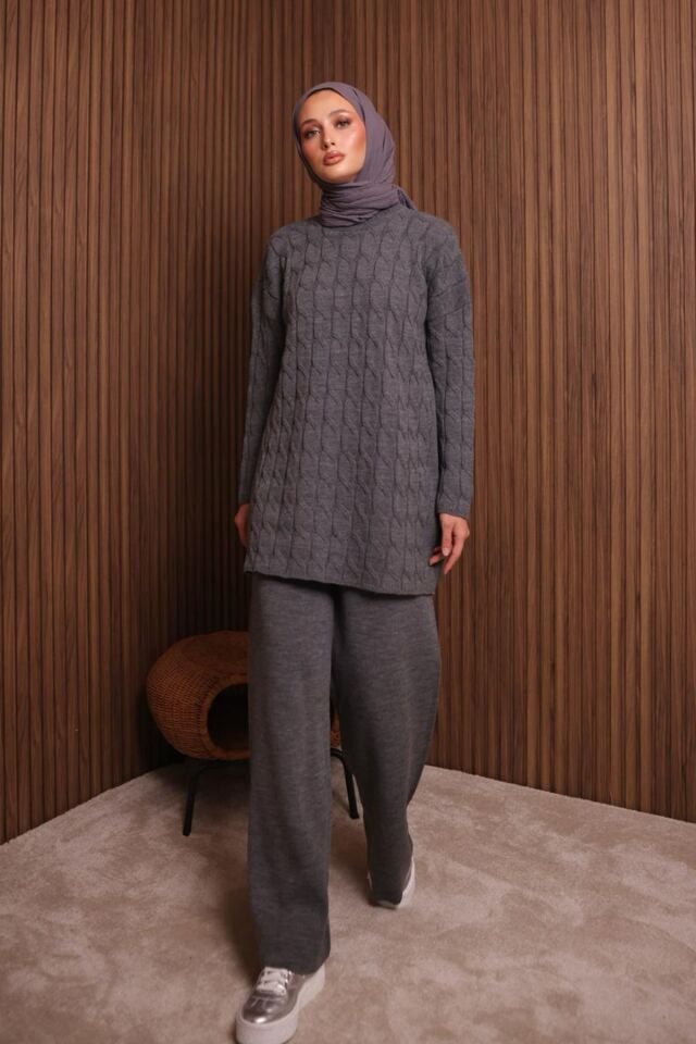Balenbi Kadın Oversize Saç Örgü Desen Pantolonlu Tesettür Triko Takım 1135 Standart - Füme